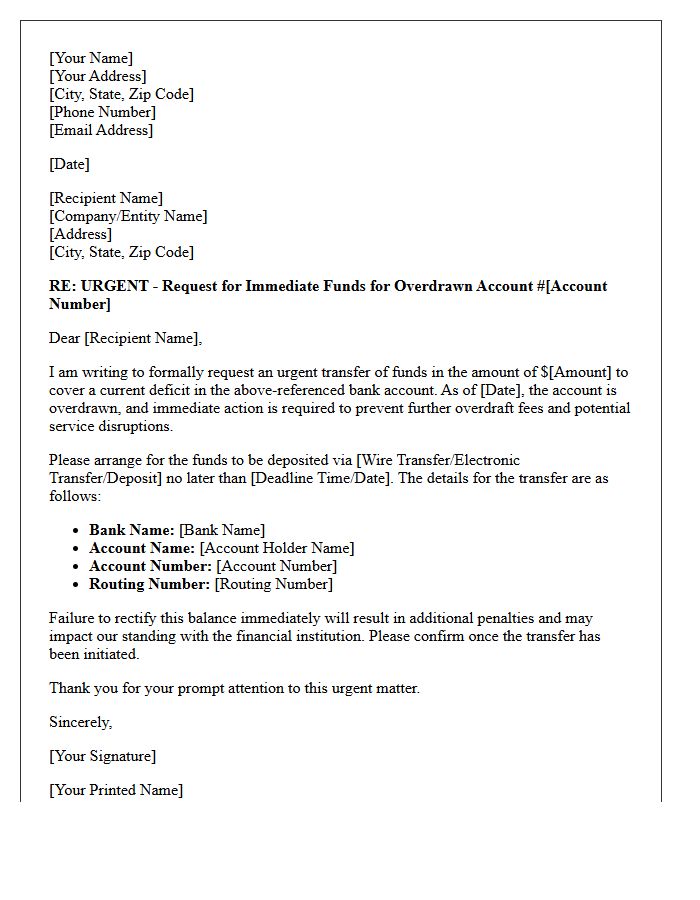 Urgent Request for Funds on Overdrawn Account Letter