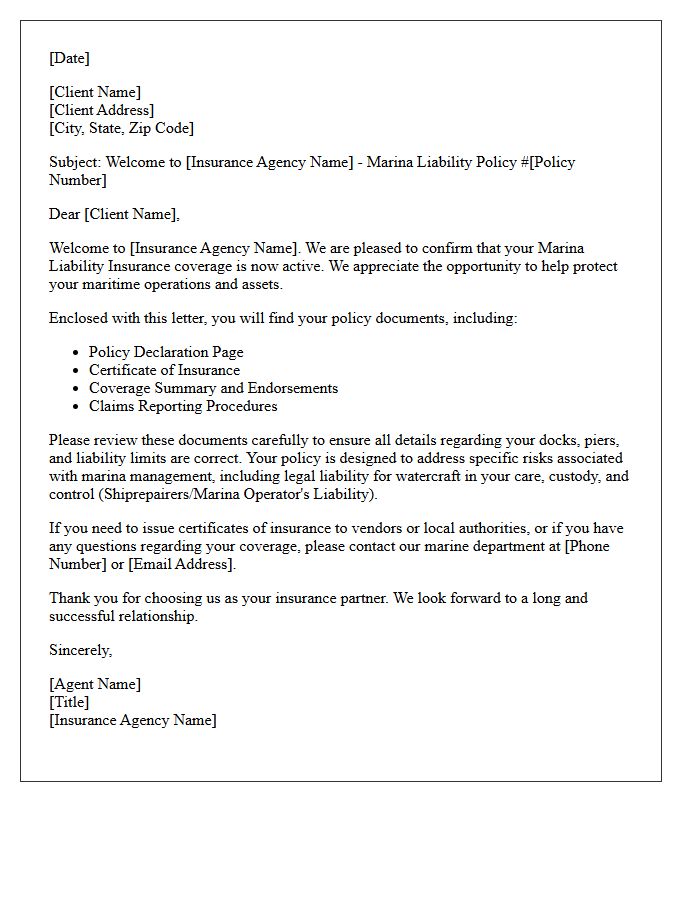 Marina Liability Insurance Welcome Letter