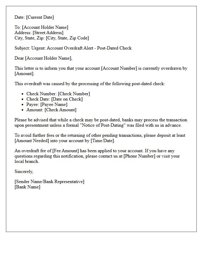 Account Overdraft Alert Letter Due to Post-Dated Check