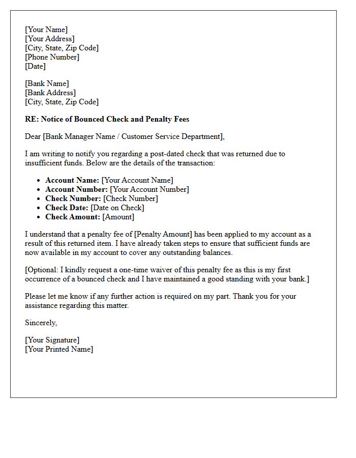 Bank Penalty Fee Letter for Bounced Post-Dated Check