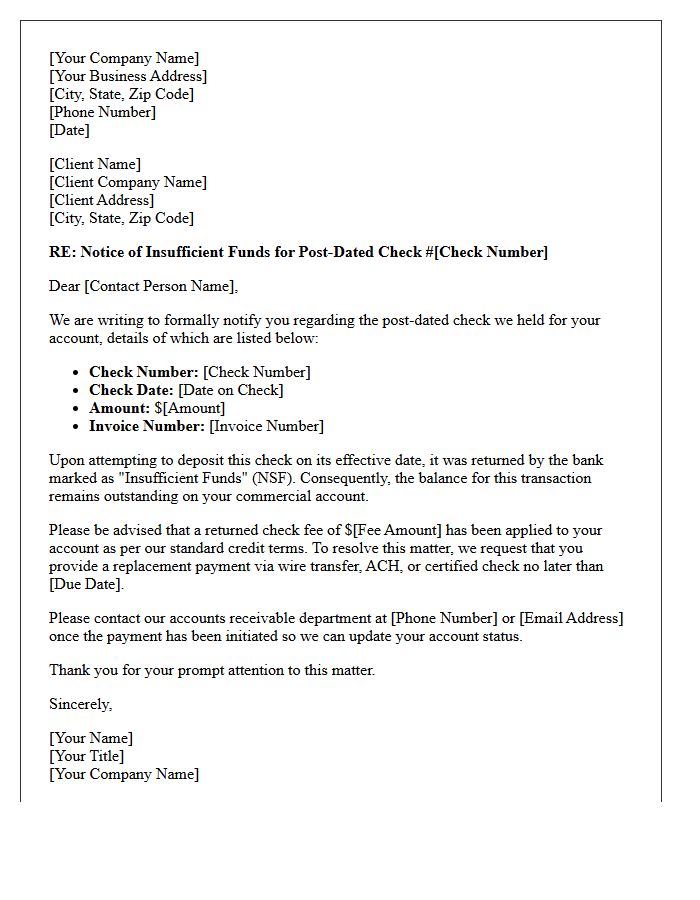Commercial Account Letter for Post-Dated Check Insufficient Balance