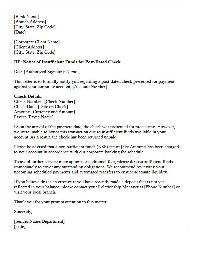 Corporate Banking Letter Regarding Post-Dated Check Insufficient Funds