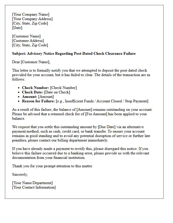 Customer Advisory Letter for Post-Dated Check Clearance Failure