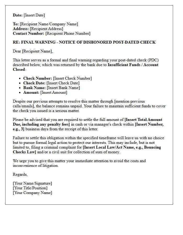 Final Warning Letter Regarding Unfunded Post-Dated Check
