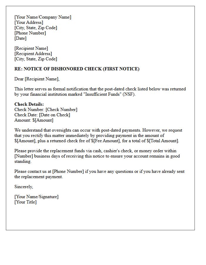 First Notice Letter for Post-Dated Check Insufficient Funds
