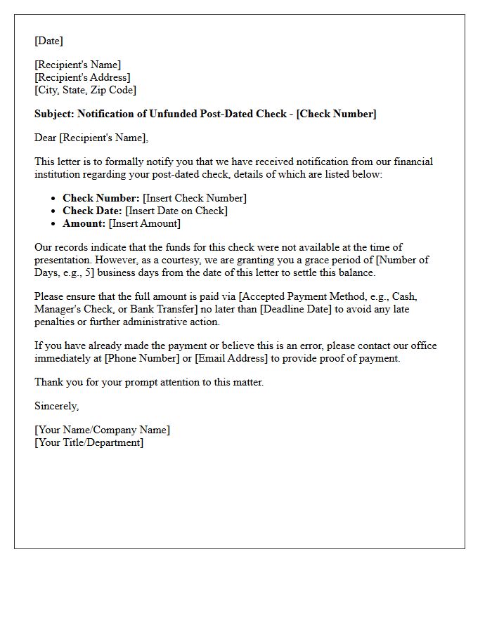 Grace Period Notification Letter for Unfunded Post-Dated Check