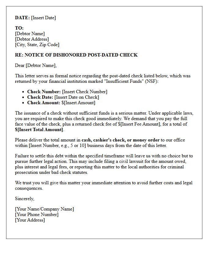 Legal Action Warning Letter for Post-Dated Check Insufficient Funds