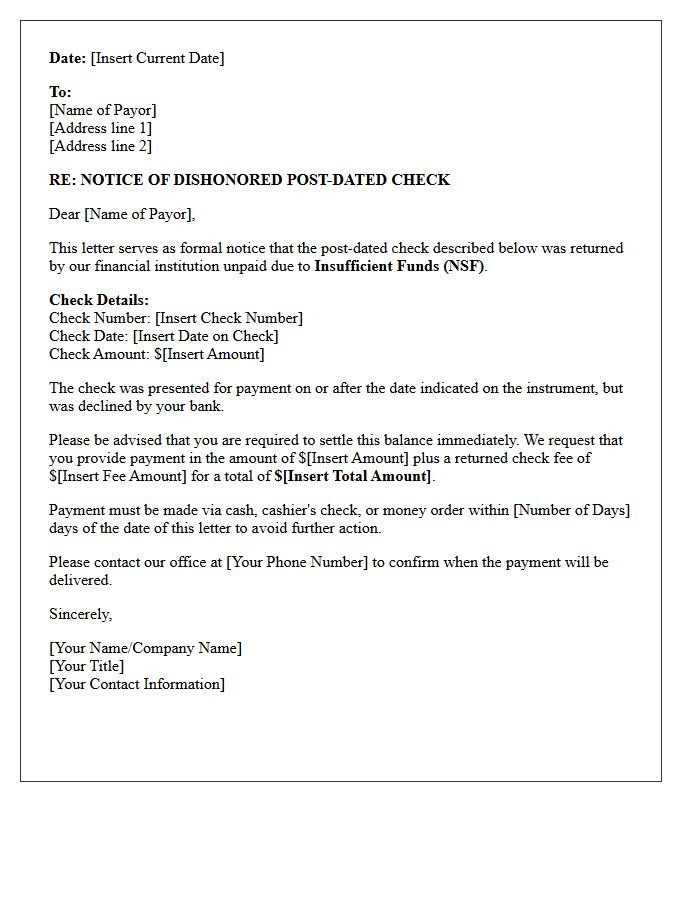 Official Dishonor Letter for Post-Dated Check Insufficient Funds