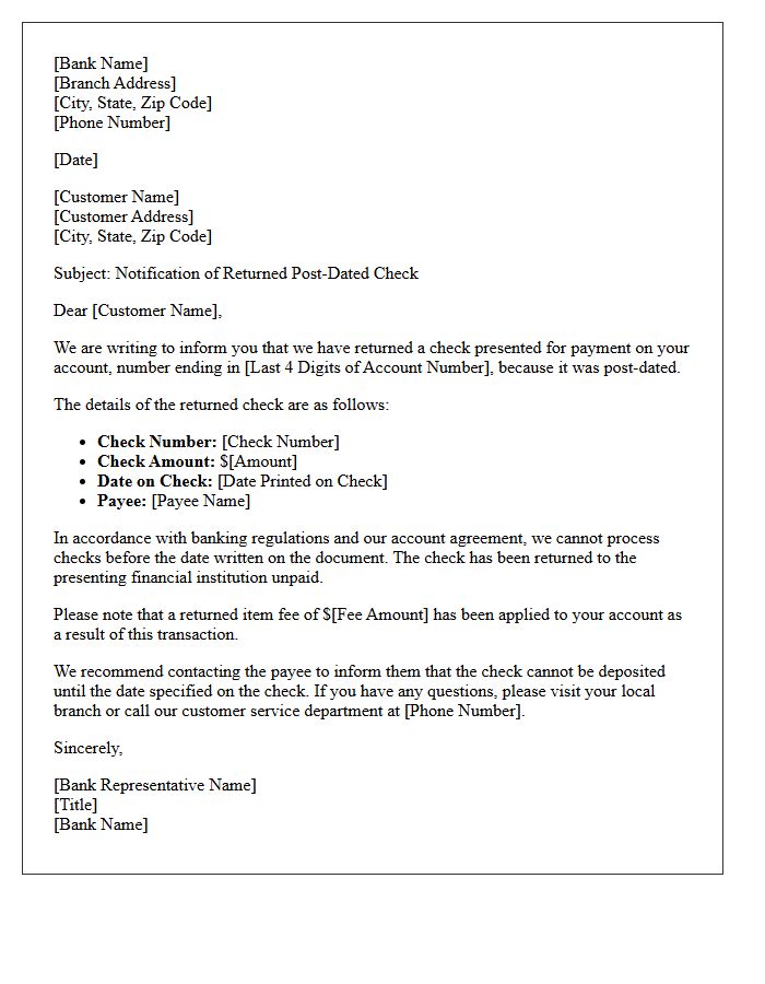 Retail Banking Letter for Returned Post-Dated Check