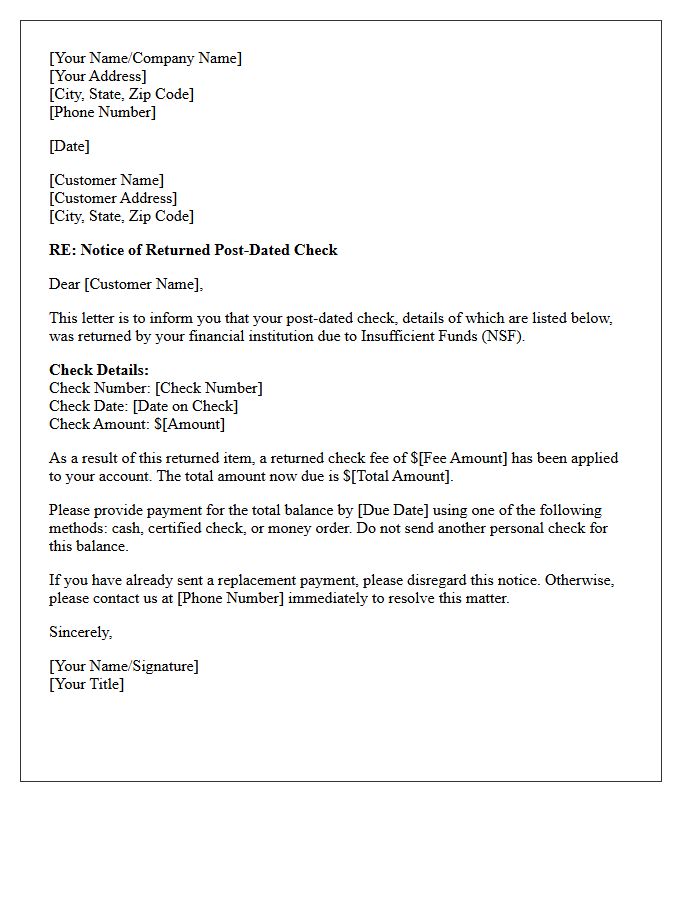 Returned Item Advice Letter for Post-Dated Check Insufficient Funds
