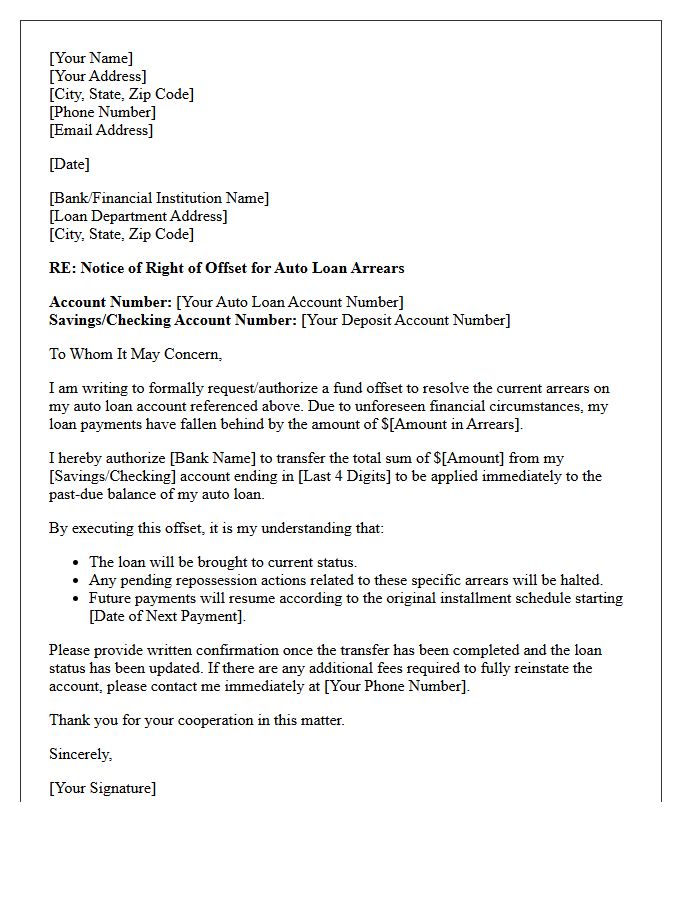 Auto Loan Arrears Fund Offset Letter