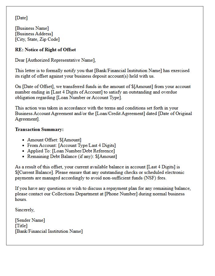 Business Deposit Account Offset Letter