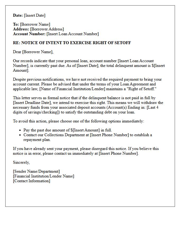 Unpaid Personal Loan Setoff Intent Letter