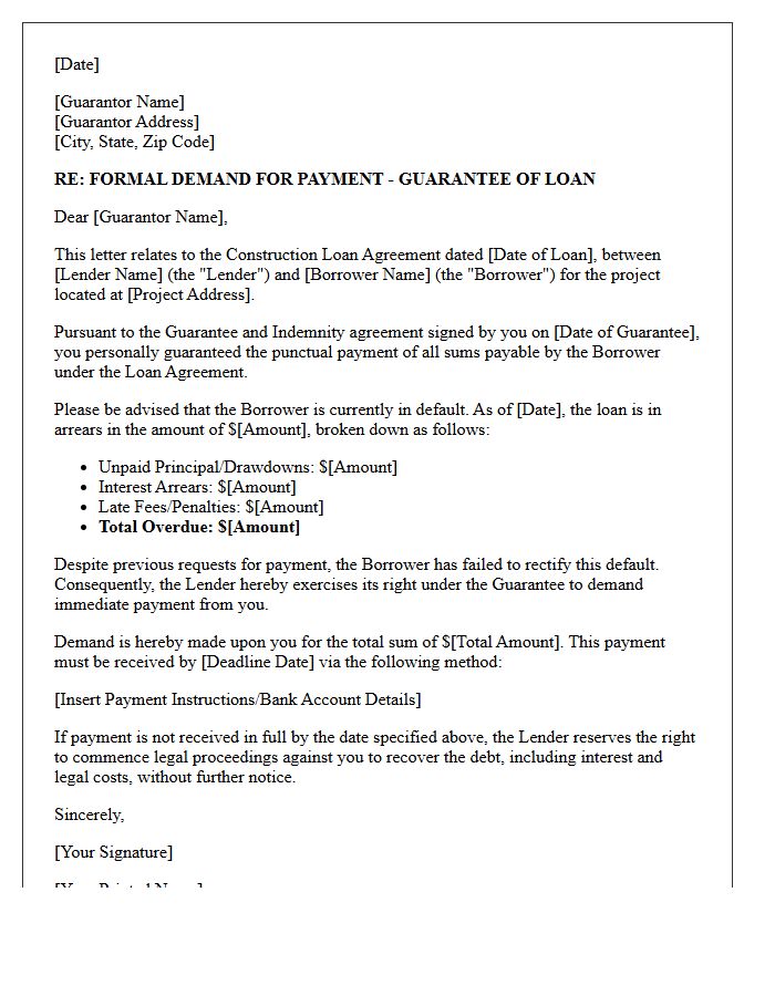 Construction Loan Arrears Guarantor Demand Letter