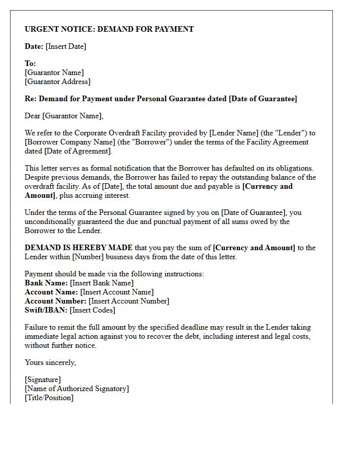 Corporate Overdraft Facility Guarantor Payment Demand Letter