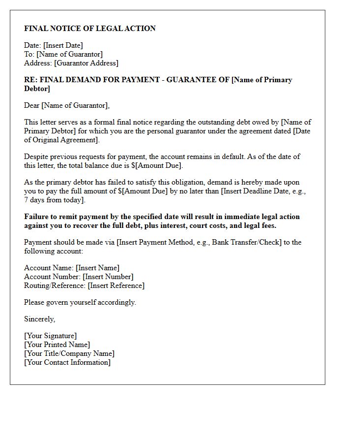 Final Notice Of Legal Action Guarantor Payment Demand Letter