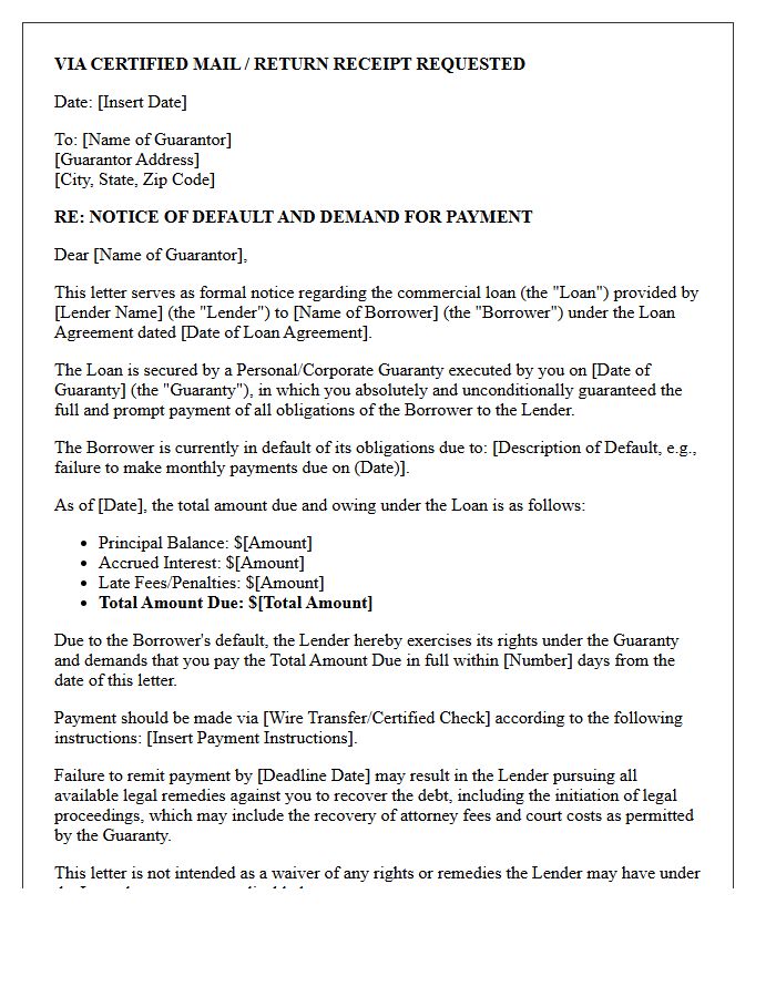 Initial Commercial Loan Default Guarantor Demand Letter