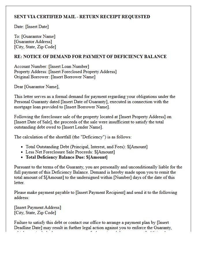 Mortgage Foreclosure Shortfall Guarantor Demand Letter