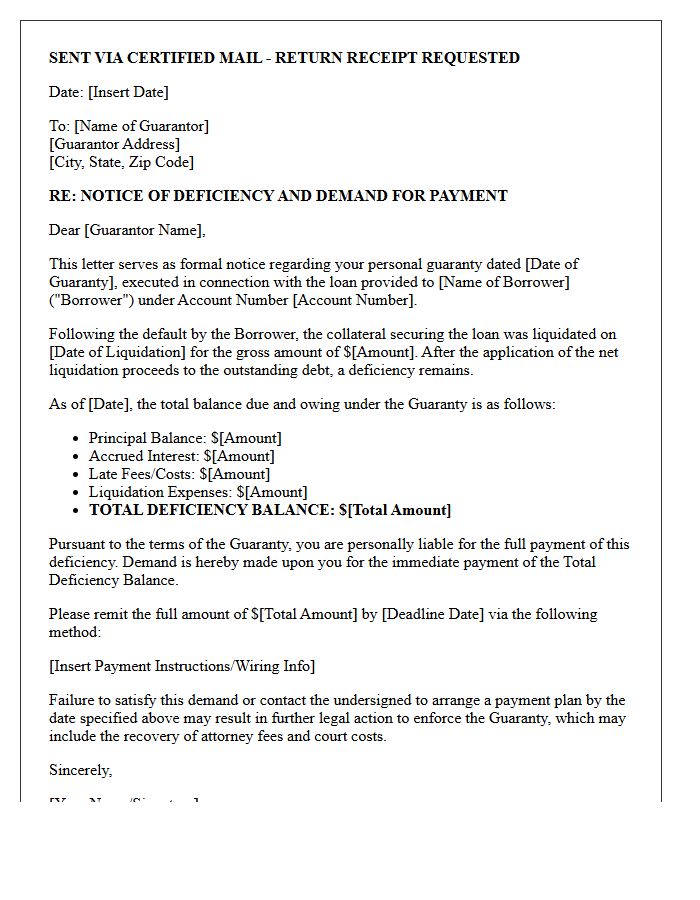 Post-Liquidation Deficiency Guarantor Demand Letter