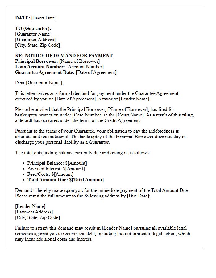 Principal Borrower Bankruptcy Guarantor Demand Letter