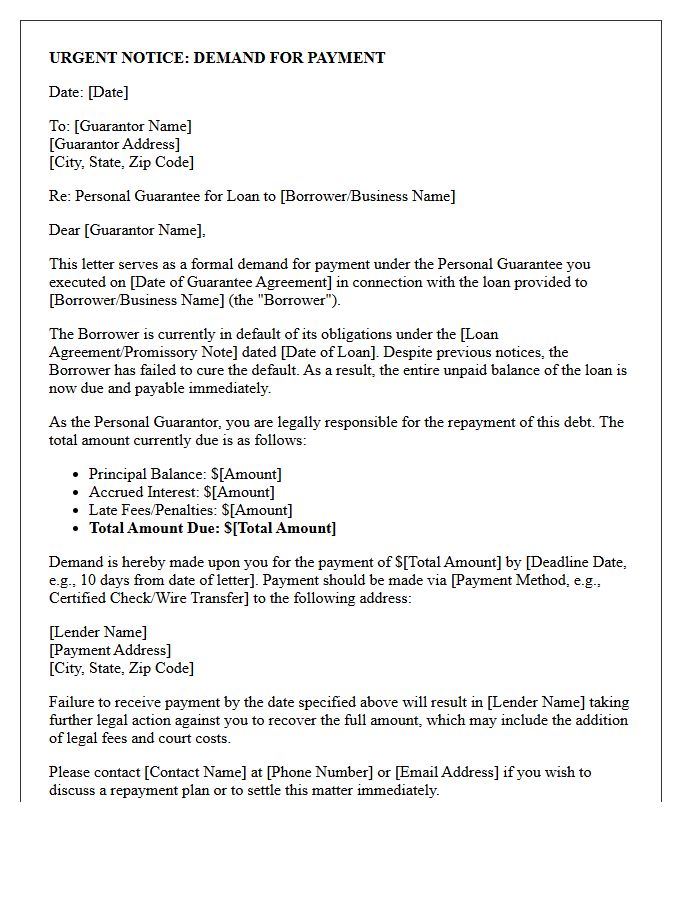 Small Business Loan Default Guarantor Demand Letter