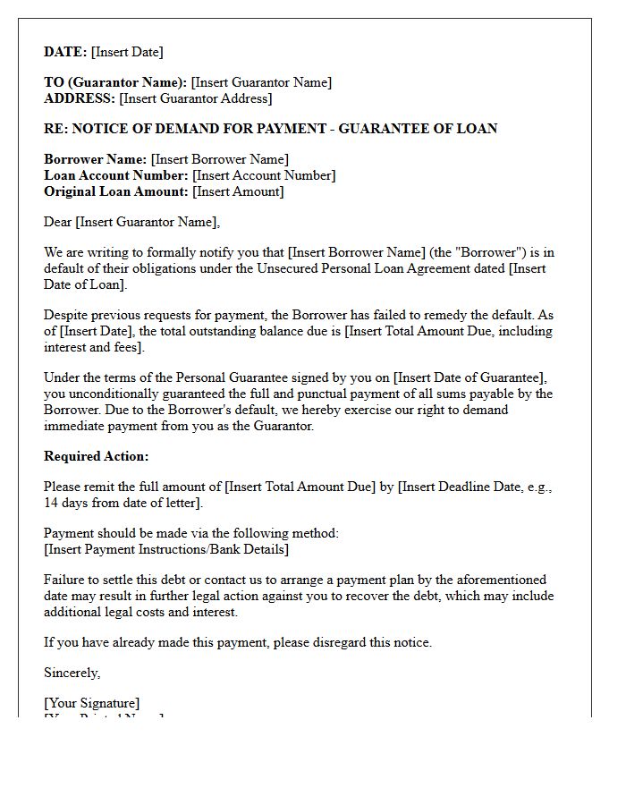 Unsecured Personal Loan Guarantor Payment Demand Letter