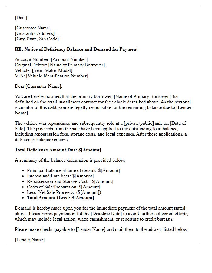 Vehicle Repossession Balance Guarantor Demand Letter