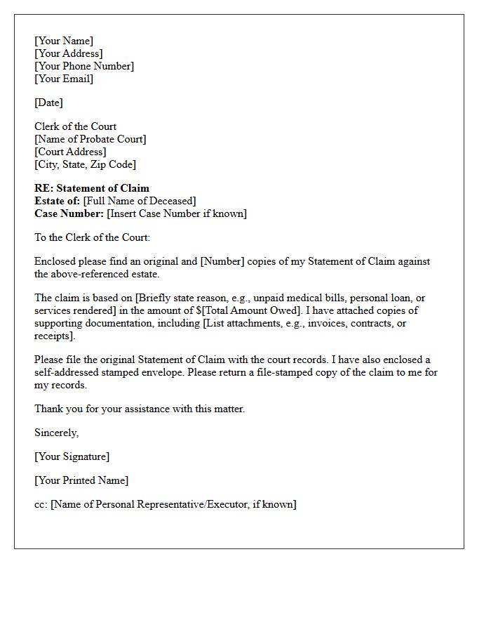 Probate Court Claim Filing Letter