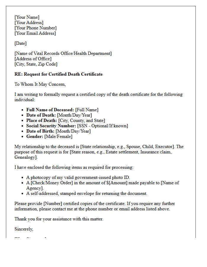 Request for Death Certificate Letter