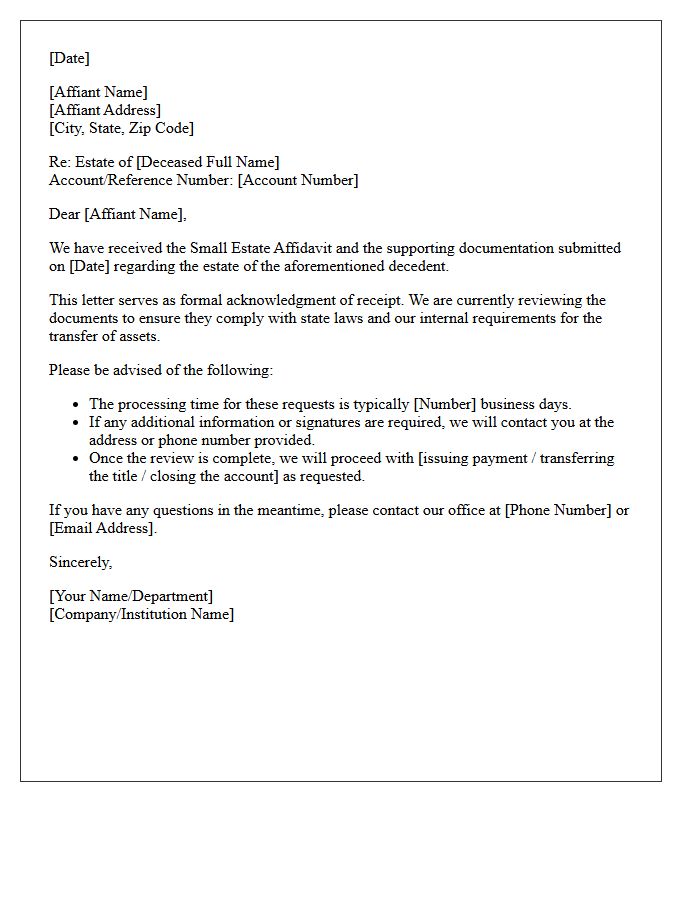 Small Estate Affidavit Acknowledgment Letter