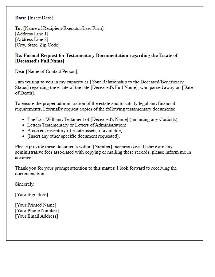 Testamentary Documentation Request Letter