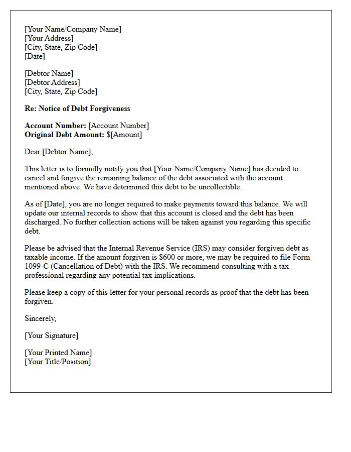 Uncollectible Debt Forgiveness Letter