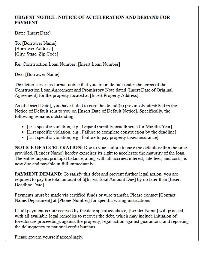 Construction Loan Balance Acceleration Letter