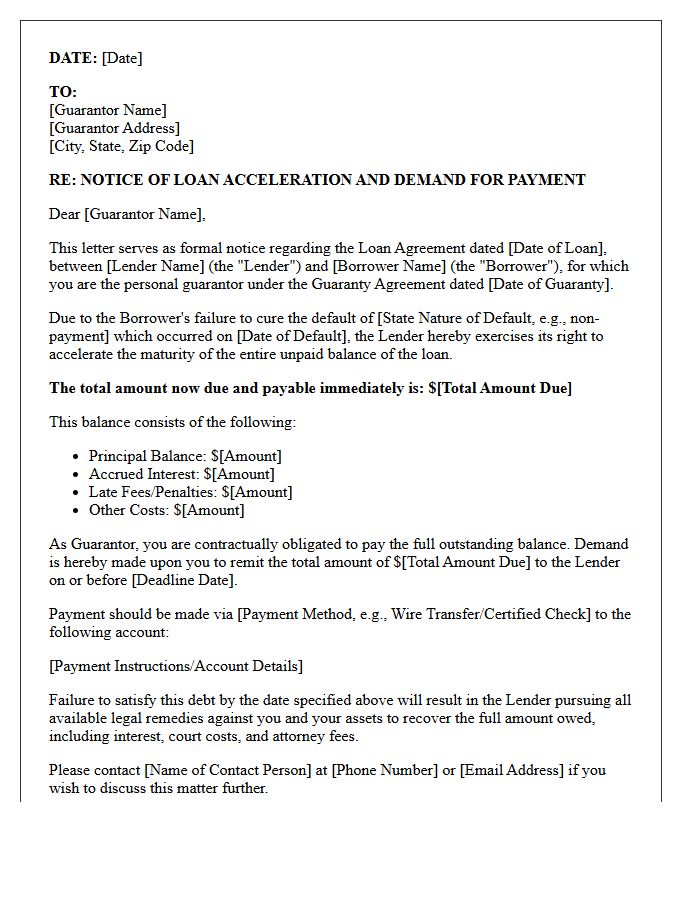 Guarantor Notice Of Loan Balance Acceleration Letter
