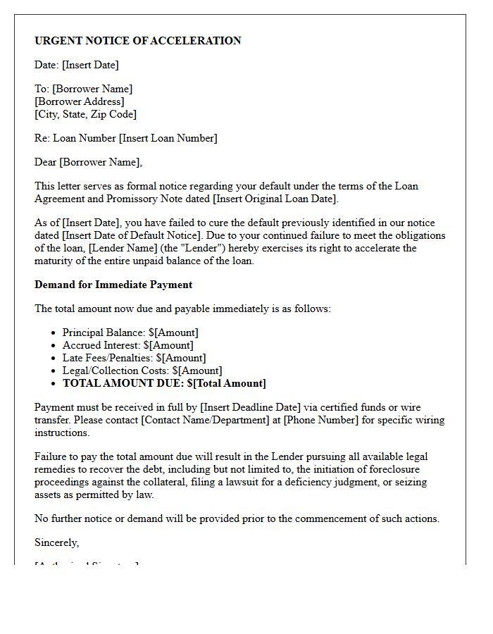 Notice Of Acceleration Of Commercial Loan Balance Letter
