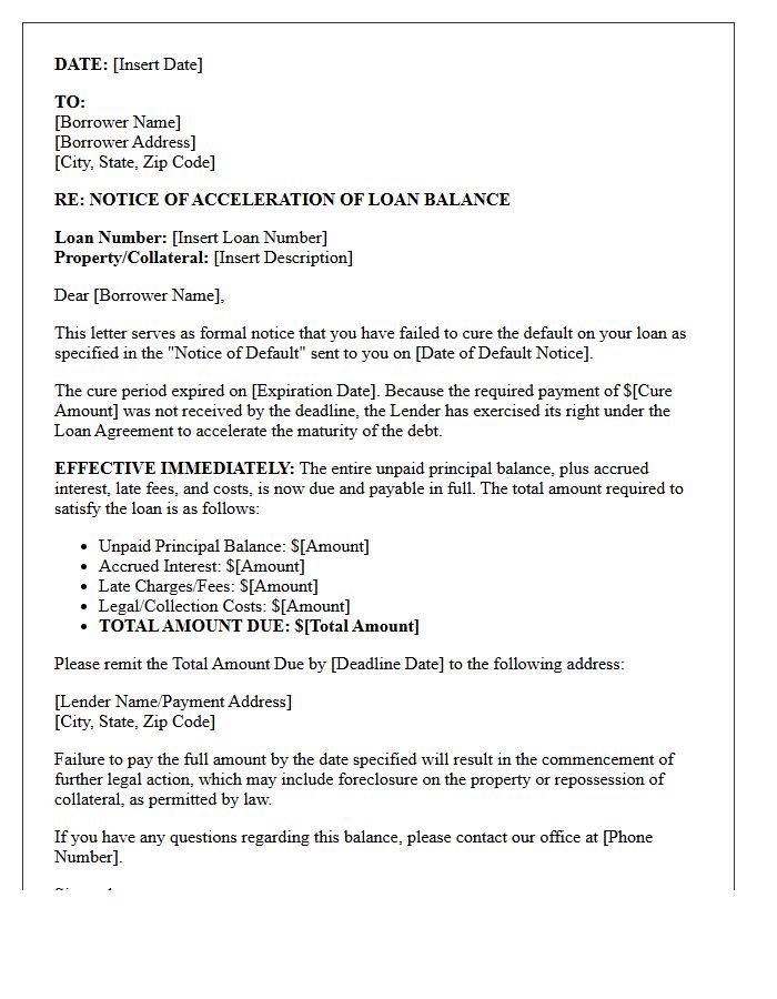 Post-Cure Period Loan Balance Acceleration Letter