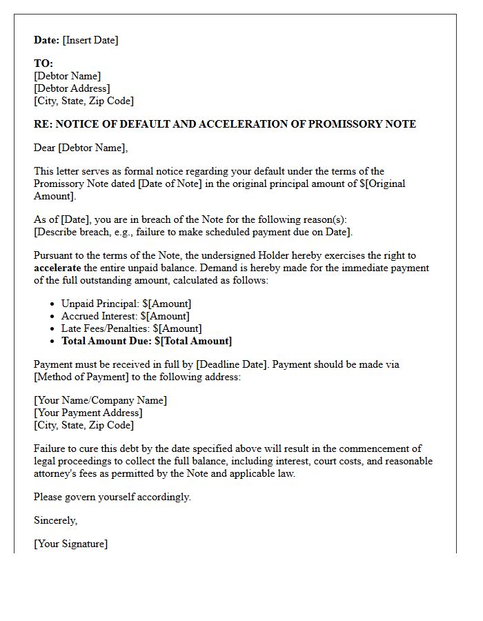 Promissory Note Breach And Acceleration Letter
