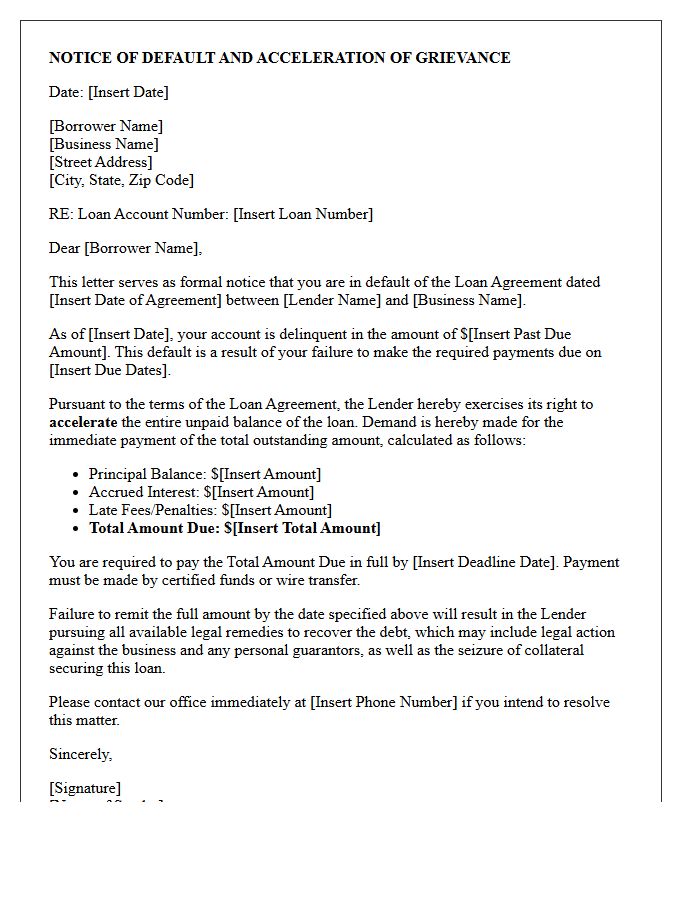 Small Business Loan Default Acceleration Letter