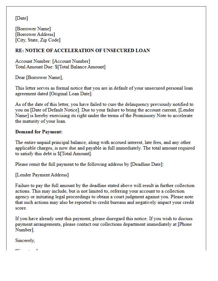 Unsecured Personal Loan Acceleration Notice Letter