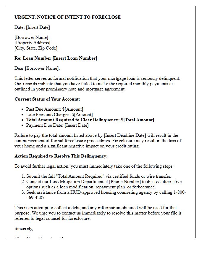 Delinquency Resolution Foreclosure Warning Letter