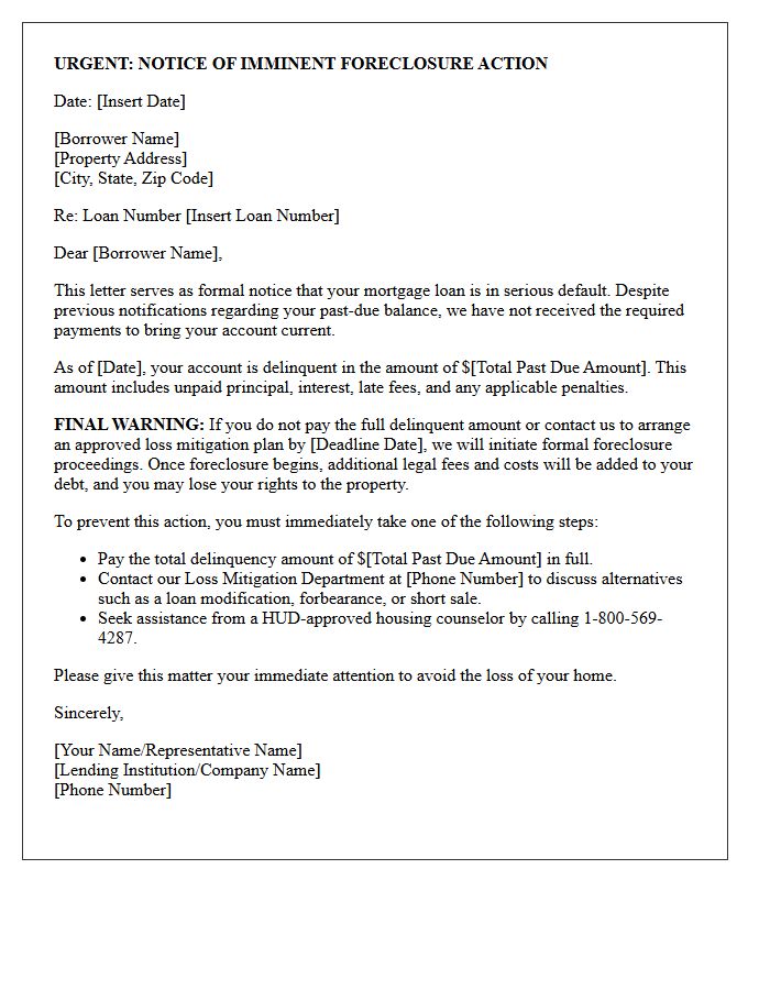Imminent Foreclosure Action Warning Letter