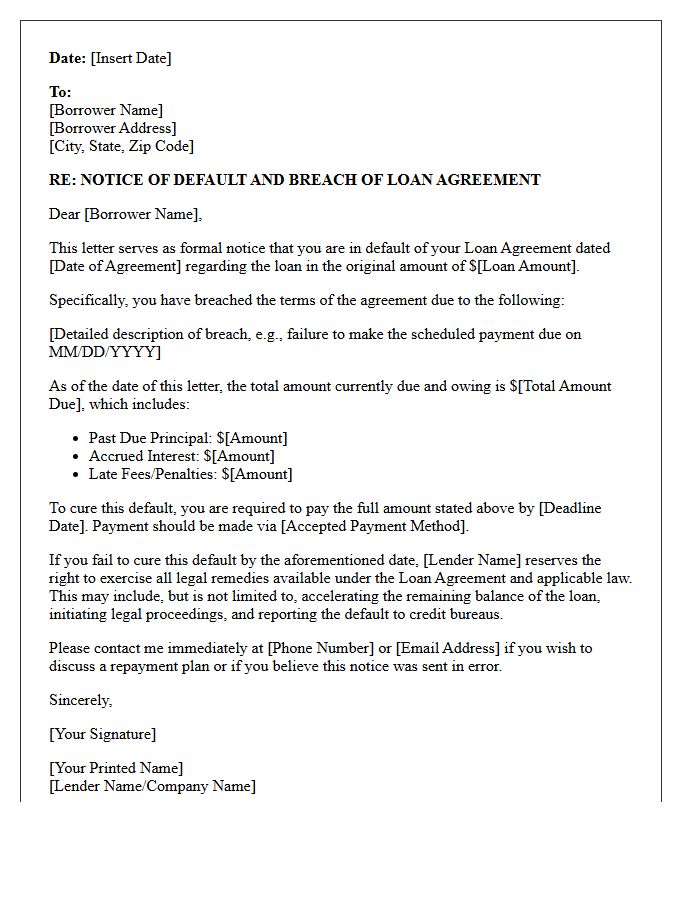 Breach of Loan Agreement Default Letter