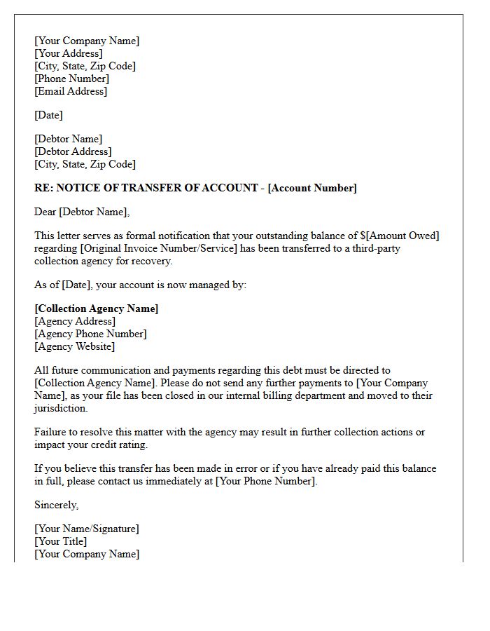 Debt Collection Agency Transfer Notification Letter