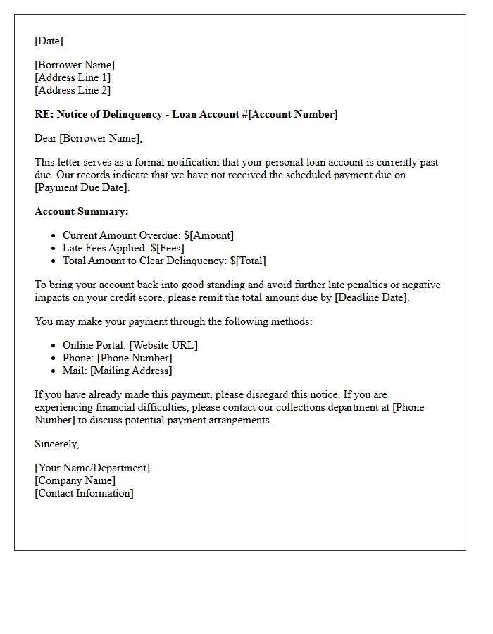 Delinquent Personal Loan Account Notification Letter