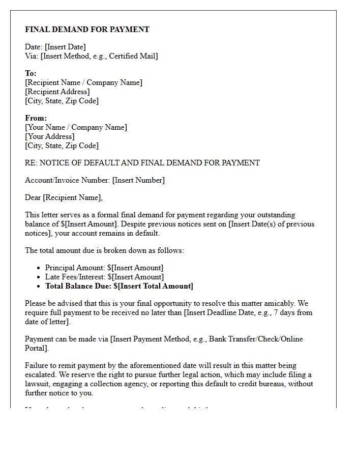 Final Demand for Payment Default Letter