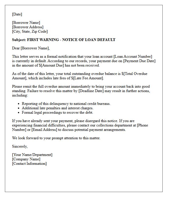 First Warning Loan Default Notification Letter