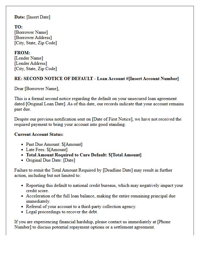 Second Notice of Unsecured Loan Default Letter