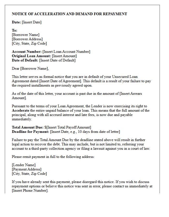 Unsecured Loan Acceleration Notice Letter