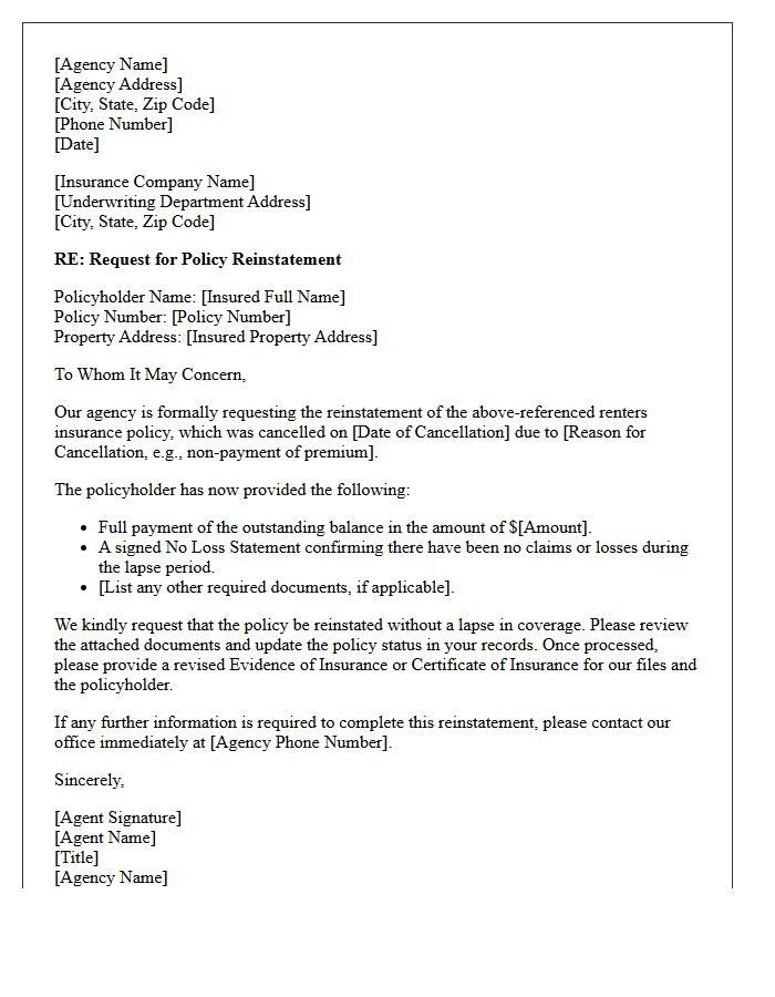 Agency Letter for Renters Insurance Reinstatement