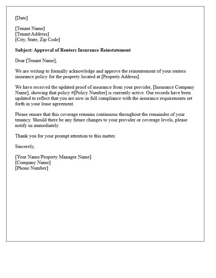 Approval Letter for Renters Insurance Reinstatement